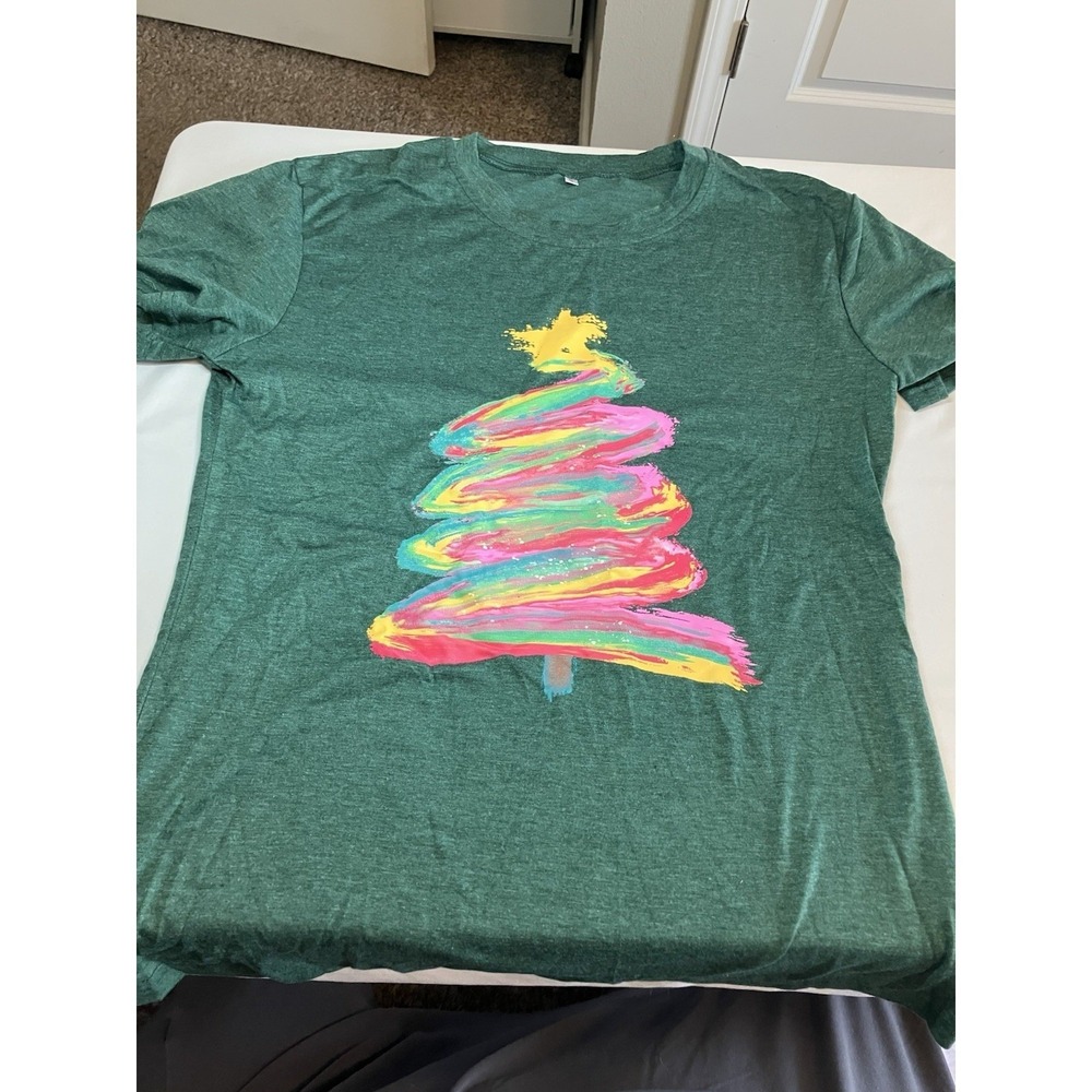 Lazy Girl Christmas Tree Shirt Women Small Green New Swirl Ribbon C977